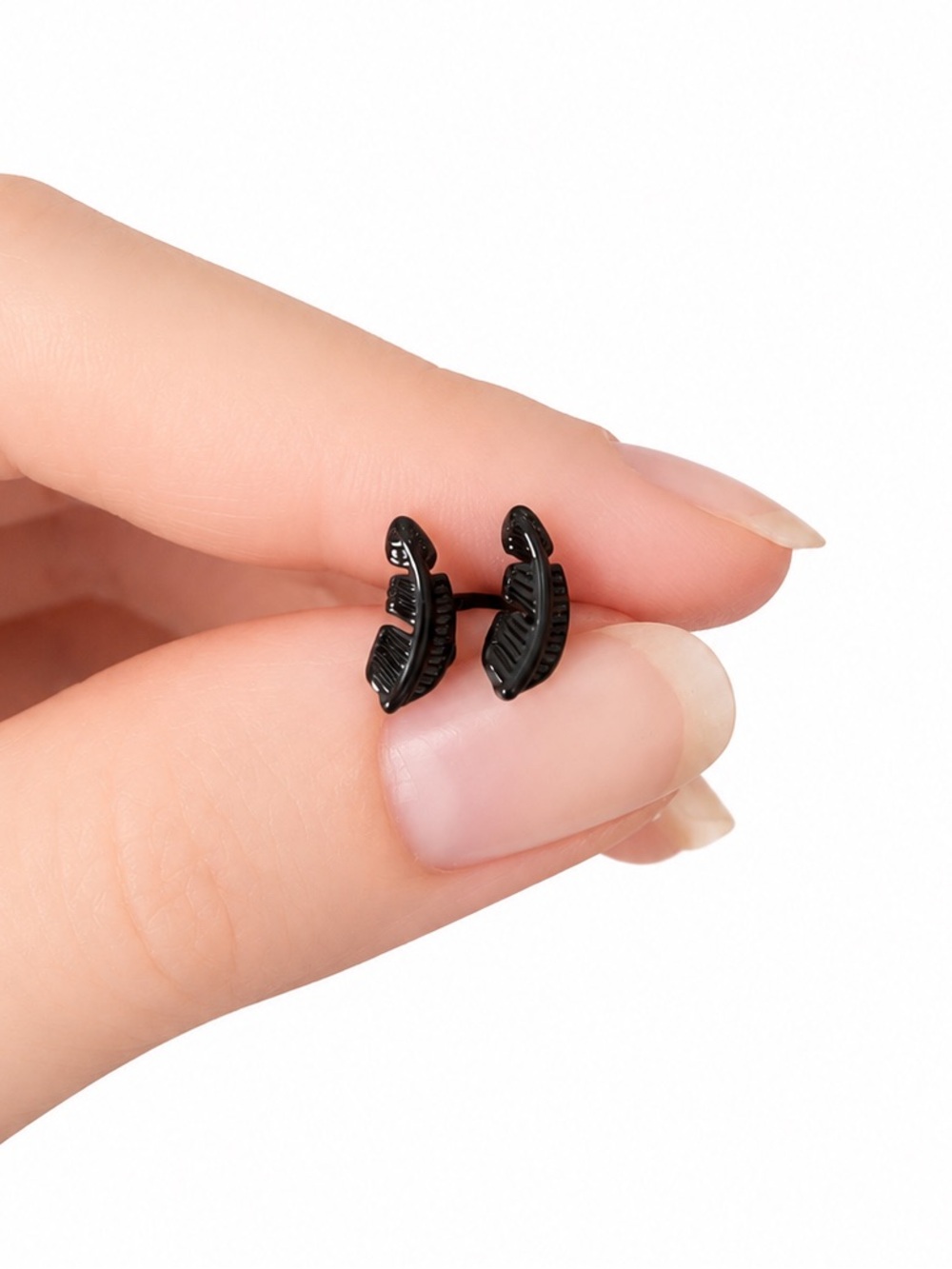 Black Feather Flat Back Stud Earrings 20G Stainless Steel - Picture 3 of 4